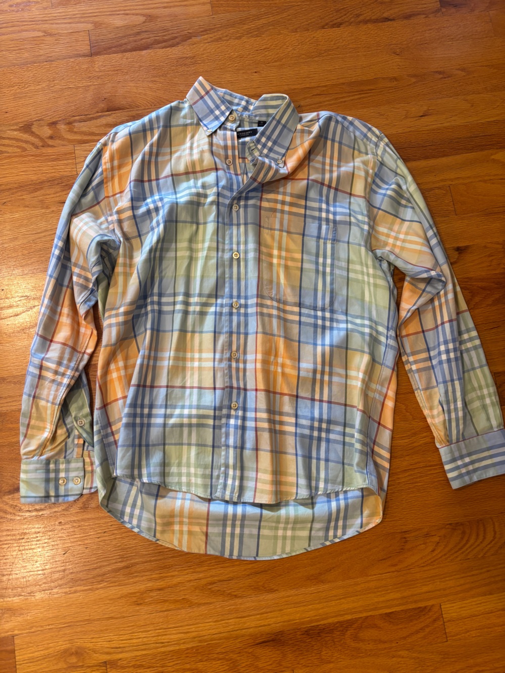 Burberry Men’s Pastel Plaid Button-Down Shirt — Blue, Green & Orange - Size M